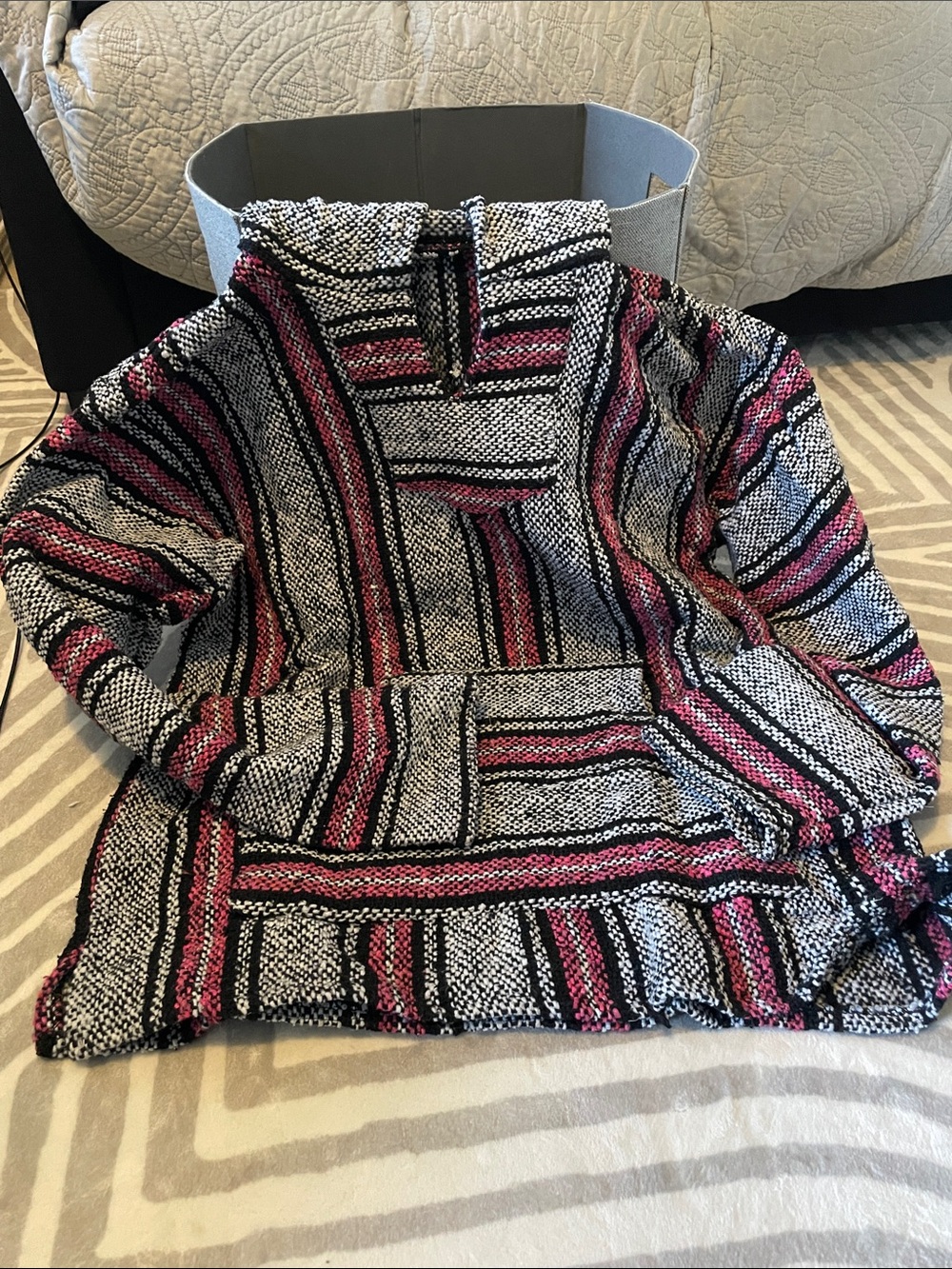 Striped Knit Baja Hoodie Sweater in Black, White & Pink